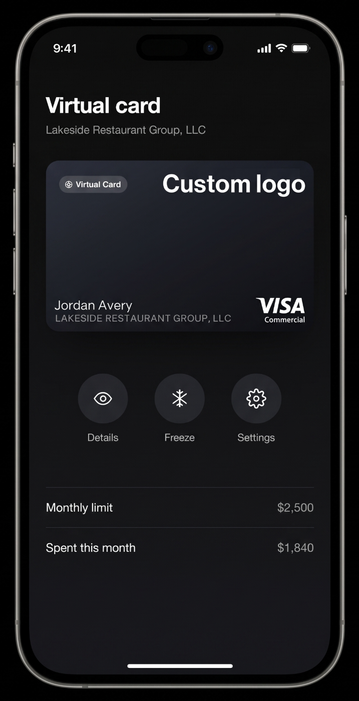 Phone showing an Exponent virtual card with a custom logo for Jordan Avery, Lakeside Restaurant Group LLC, with a $2,500 monthly limit