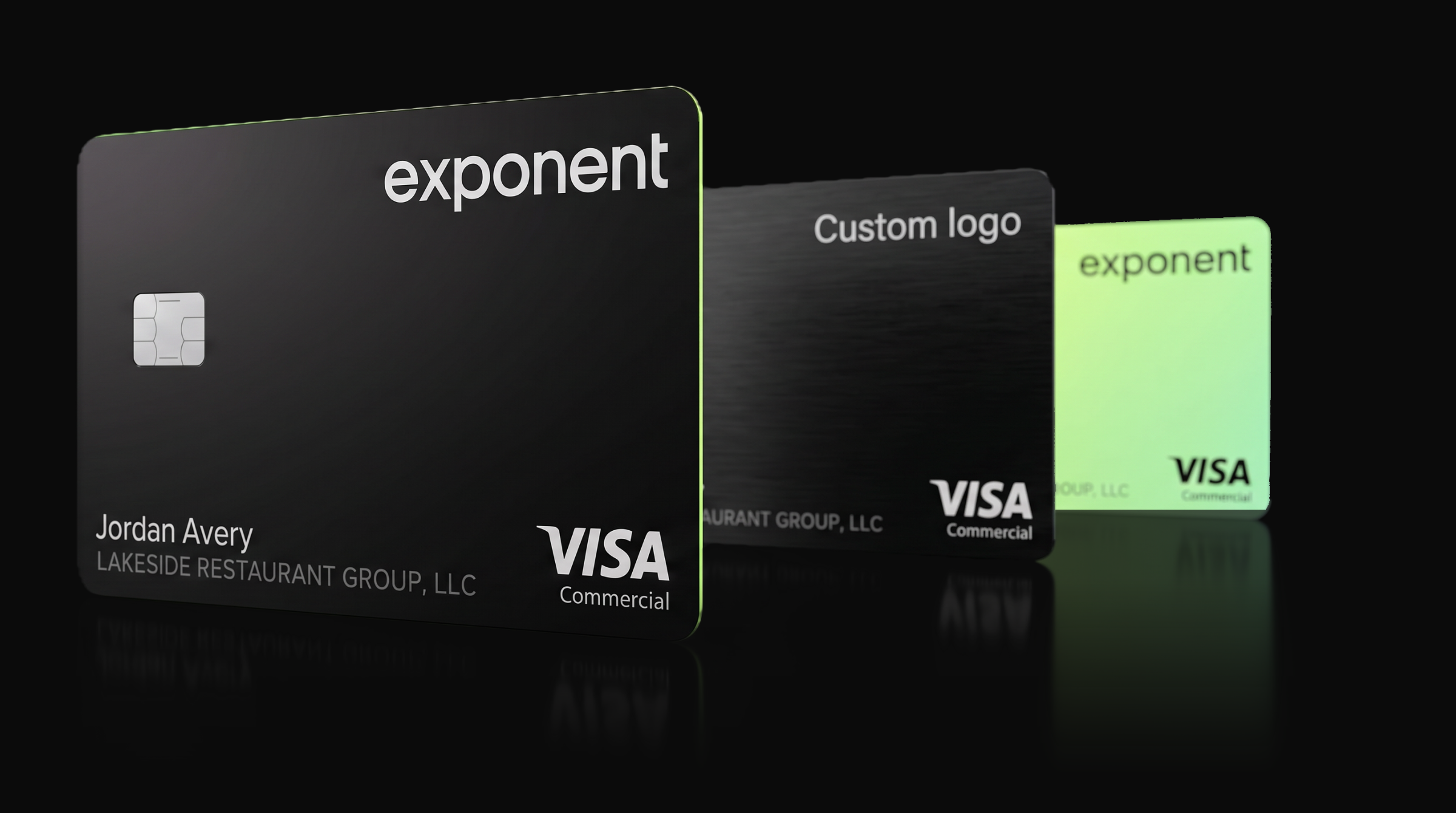 Three Exponent Visa Commercial cards standing on a reflective black surface: a black Exponent card for Jordan Avery, Lakeside Restaurant Group LLC, a brushed black card with a custom logo, and a lime-to-mint Exponent card