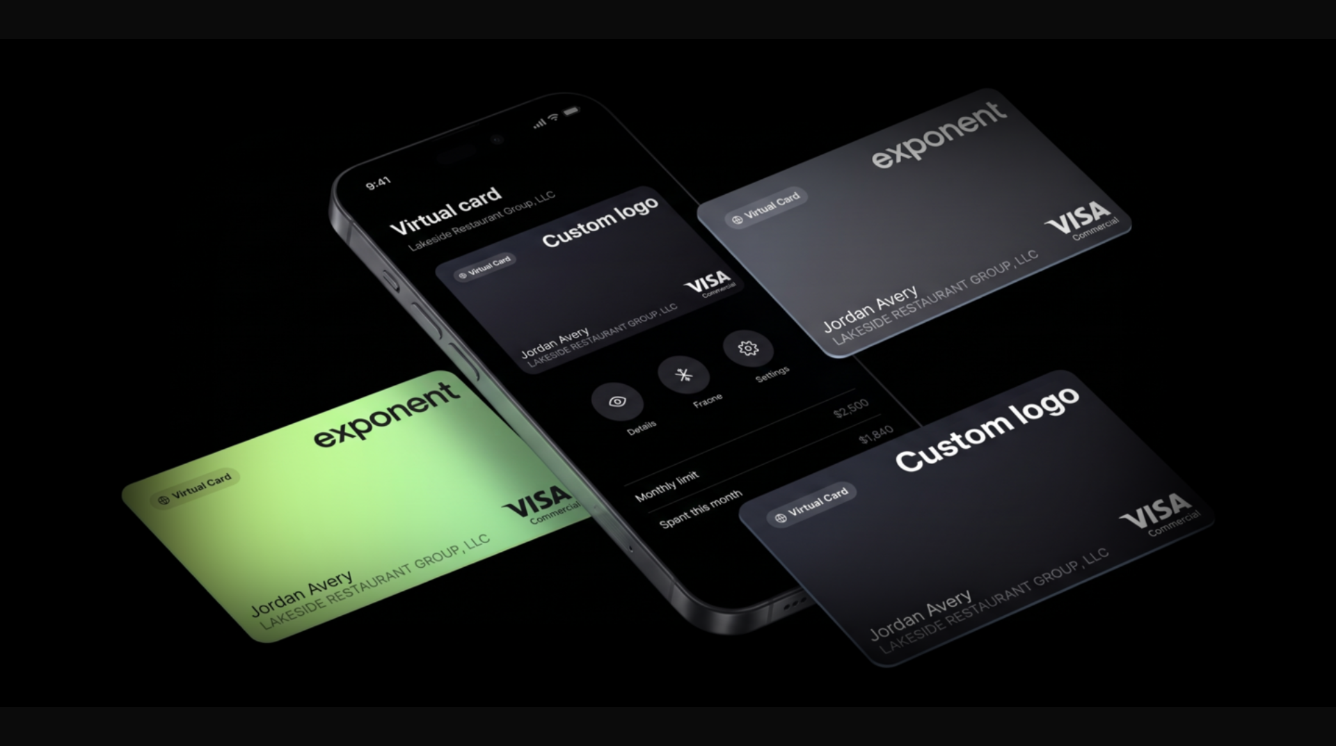 Phone showing an Exponent virtual card with a custom logo for Jordan Avery, Lakeside Restaurant Group LLC, with three virtual cards around it: lime, silver and black