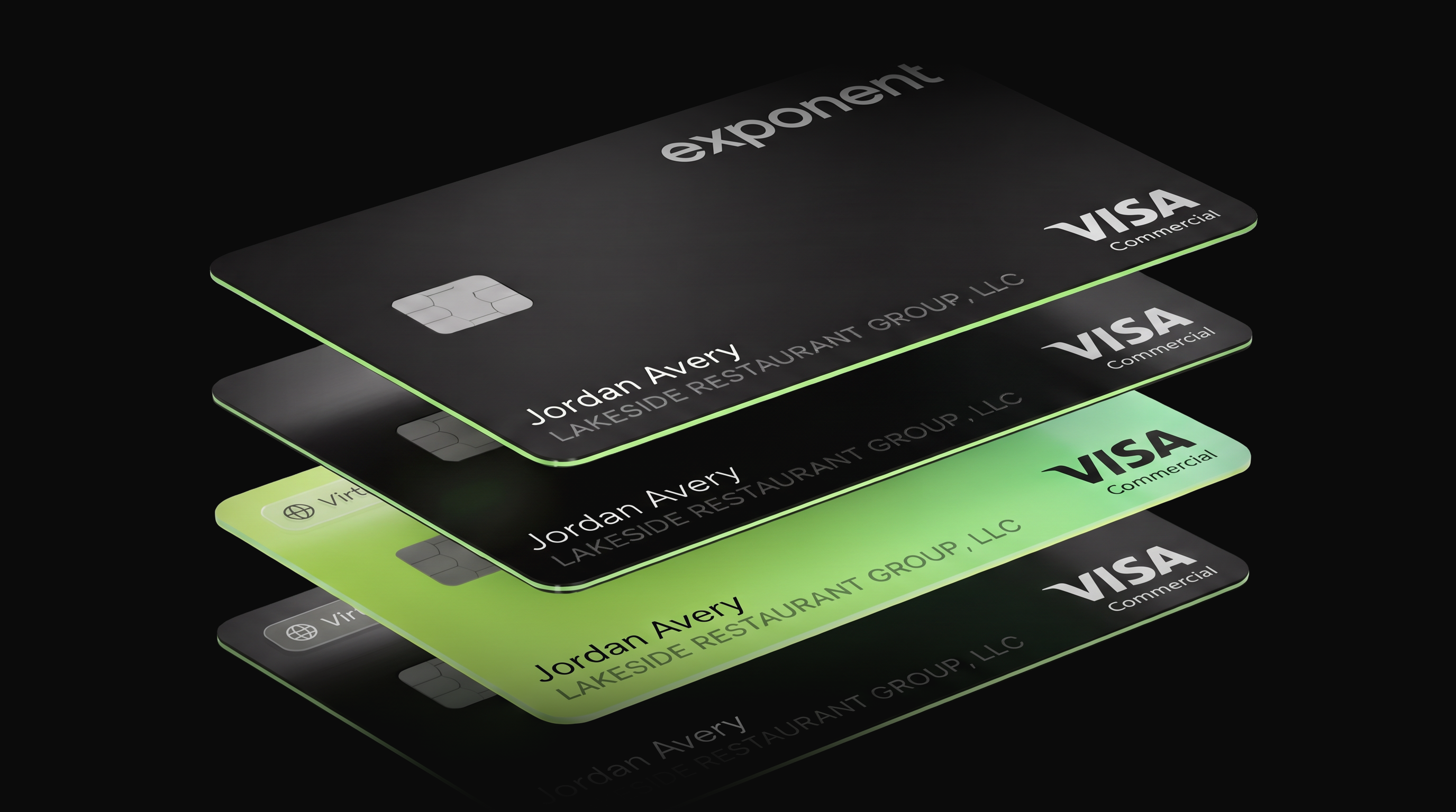 A stack of four Exponent Visa Commercial charge cards for Jordan Avery, Lakeside Restaurant Group LLC: a black Exponent card on top, black and lime cards below
